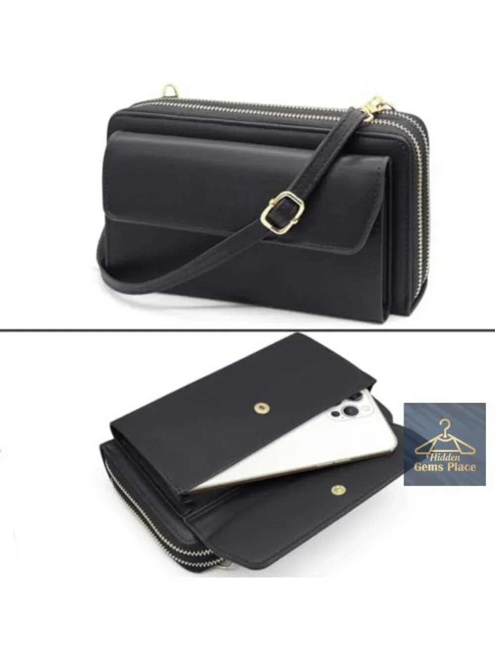 Leather Wallet Crossbody Bag Double Zipper Phone Purse Shoulder Strap